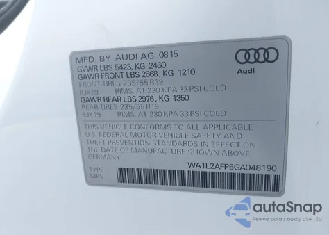 2016 Audi Q5 2.0T Premium from USA, damaged, VIN WA1L2AFP5GA048190